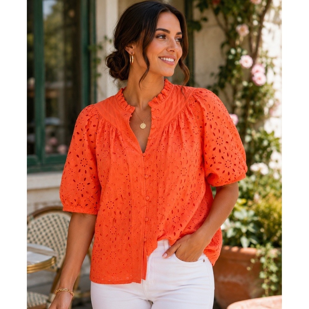 Women's Orange Eyelet Blouse Cotton Puff Sleeve Romantic Cottagecore Small NWT